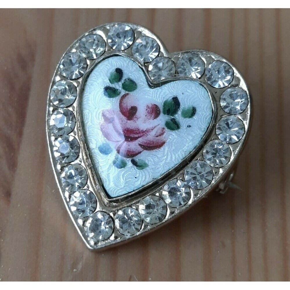 Vintage Coro Guilloche Heart Pink Rose Rhinestone Brooch Pin Signed Clear Silver